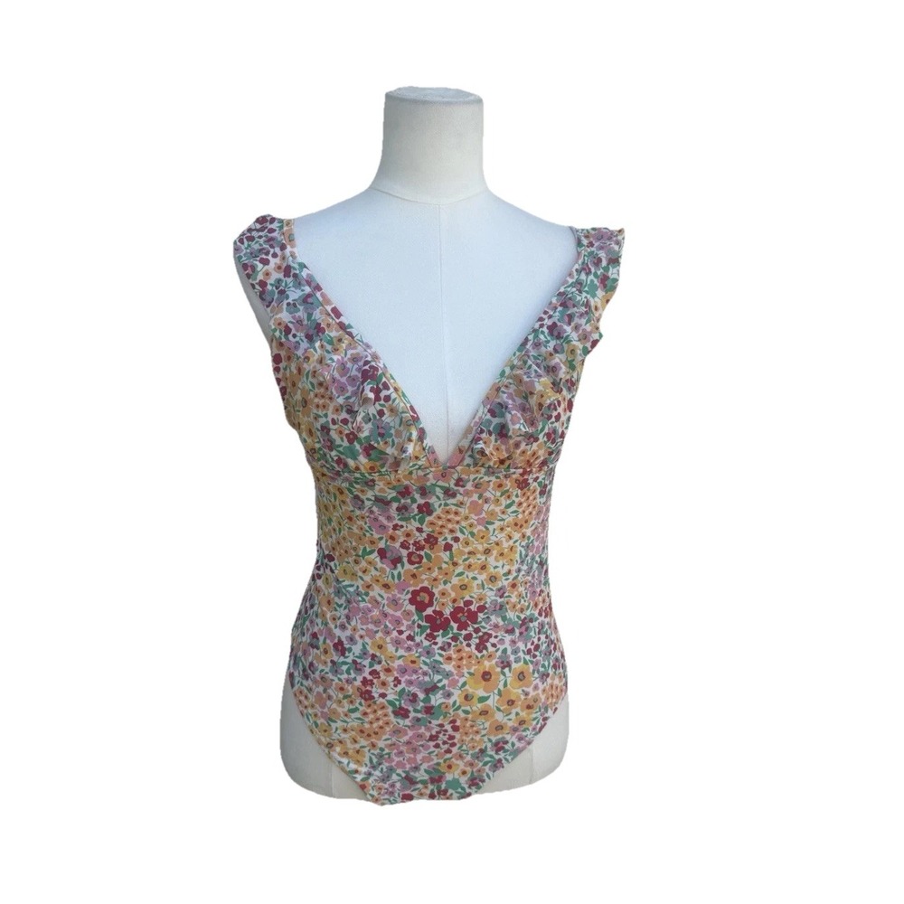 J.Crew Floral One Piece Swimsuit Womens Medium Ruffle Plunge V Neck Multicolor
